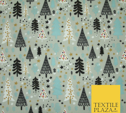 Festive Christmas Trees Stars Winter Printed Poly Cotton Fabric Polycotton 45"