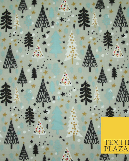 Festive Christmas Trees Stars Winter Printed Poly Cotton Fabric Polycotton 45"