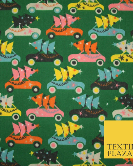 Festive Driving Car Christmas Trees Printed Poly Cotton Fabric Polycotton 45"