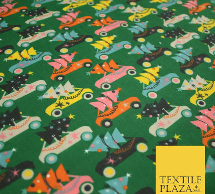 Festive Driving Car Christmas Trees Printed Poly Cotton Fabric Polycotton 45"