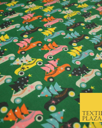 Festive Driving Car Christmas Trees Printed Poly Cotton Fabric Polycotton 45"