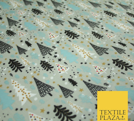 Festive Christmas Trees Stars Winter Printed Poly Cotton Fabric Polycotton 45"