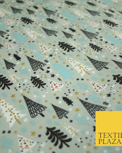 Festive Christmas Trees Stars Winter Printed Poly Cotton Fabric Polycotton 45"