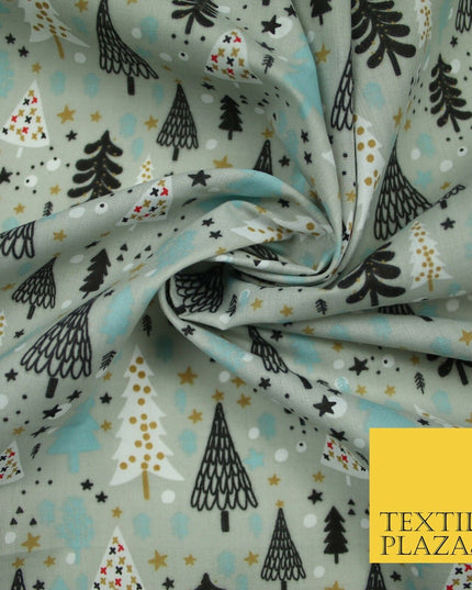Festive Christmas Trees Stars Winter Printed Poly Cotton Fabric Polycotton 45"