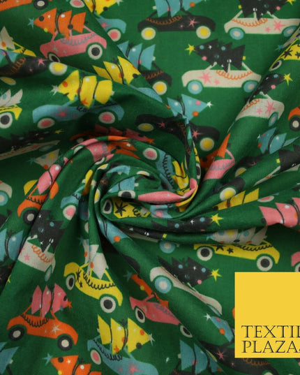 Festive Driving Car Christmas Trees Printed Poly Cotton Fabric Polycotton 45"