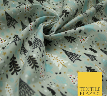 Festive Christmas Trees Stars Winter Printed Poly Cotton Fabric Polycotton 45"
