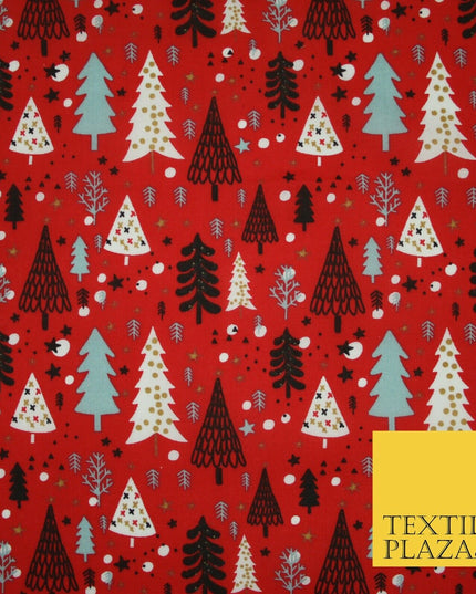 Festive Christmas Trees Stars Winter Printed Poly Cotton Fabric Polycotton 45"