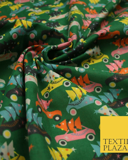 Festive Driving Car Christmas Trees Printed Poly Cotton Fabric Polycotton 45"