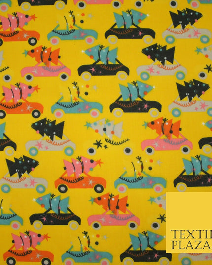Festive Driving Car Christmas Trees Printed Poly Cotton Fabric Polycotton 45"