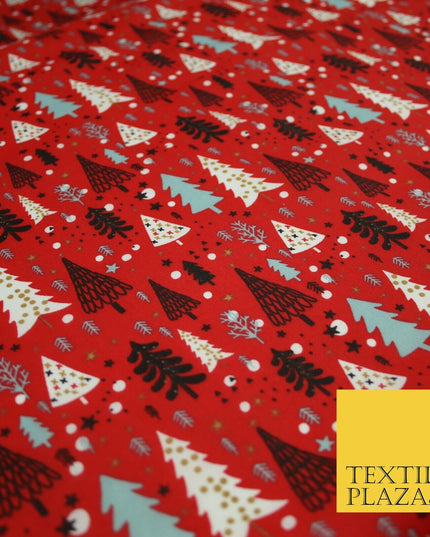 Festive Christmas Trees Stars Winter Printed Poly Cotton Fabric Polycotton 45"