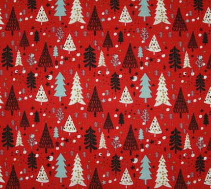 Festive Christmas Trees Stars Winter Printed Poly Cotton Fabric Polycotton 45"