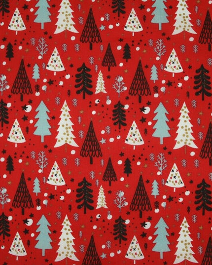 Festive Christmas Trees Stars Winter Printed Poly Cotton Fabric Polycotton 45"