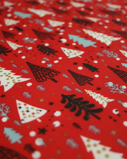 Festive Christmas Trees Stars Winter Printed Poly Cotton Fabric Polycotton 45"