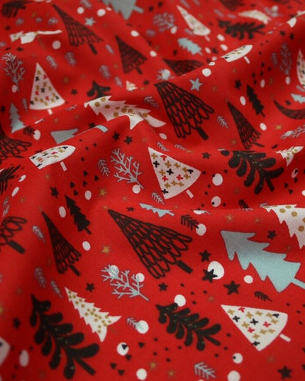 Festive Christmas Trees Stars Winter Printed Poly Cotton Fabric Polycotton 45"
