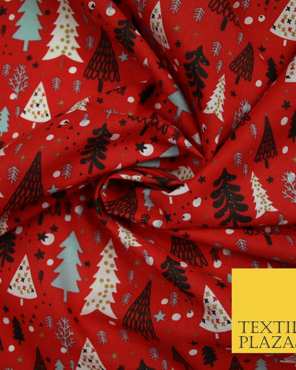 Festive Christmas Trees Stars Winter Printed Poly Cotton Fabric Polycotton 45"