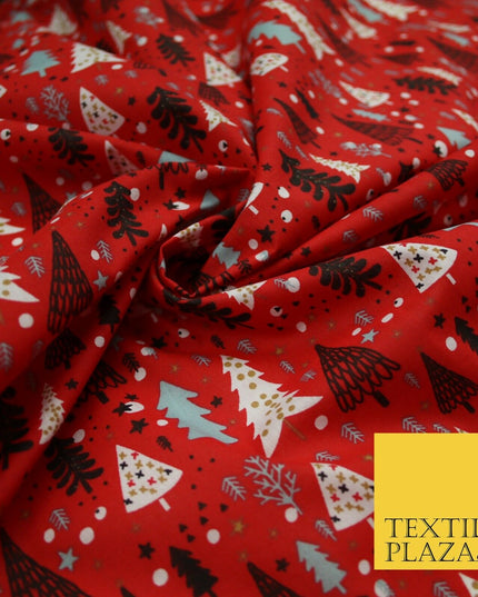 Festive Christmas Trees Stars Winter Printed Poly Cotton Fabric Polycotton 45"
