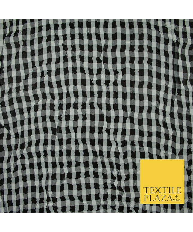 Black / White Creased Crushed Gingham Georgette Crinkle Fabric Craft Dress 6388