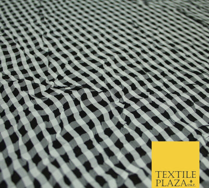 Black / White Creased Crushed Gingham Georgette Crinkle Fabric Craft Dress 6388