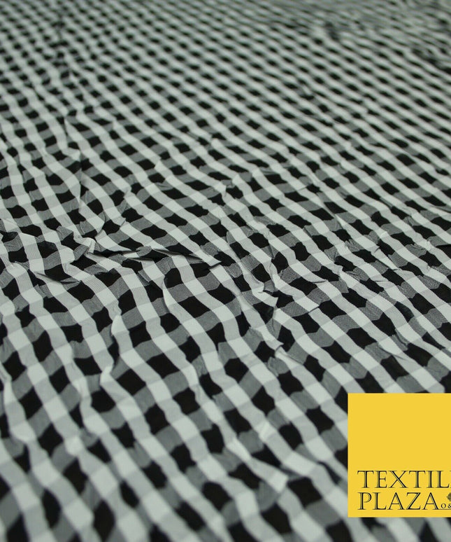 Black / White Creased Crushed Gingham Georgette Crinkle Fabric Craft Dress 6388