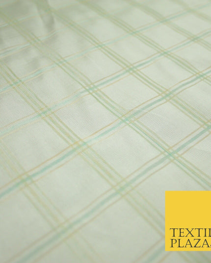 Cream / Mint Check Tartan Organdi Organza Fabric 100% Nylon - 6393