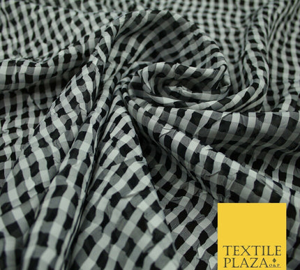 Black / White Creased Crushed Gingham Georgette Crinkle Fabric Craft Dress 6388