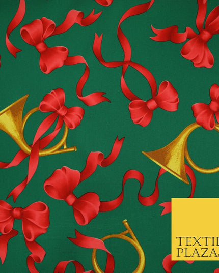 Christmas Festive Green Red Gold Bows Horn Bi-Stretch Fabric Tablecloth 58" 6385