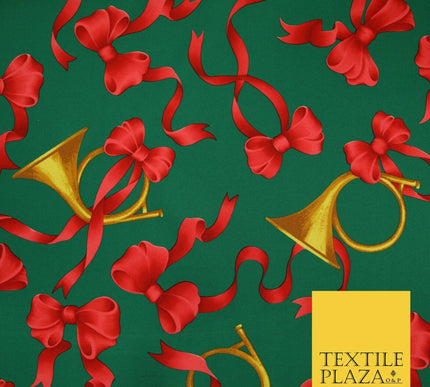 Christmas Festive Green Red Gold Bows Horn Bi-Stretch Fabric Tablecloth 58" 6385