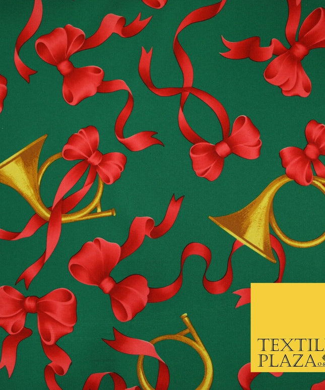 Christmas Festive Green Red Gold Bows Horn Bi-Stretch Fabric Tablecloth 58" 6385