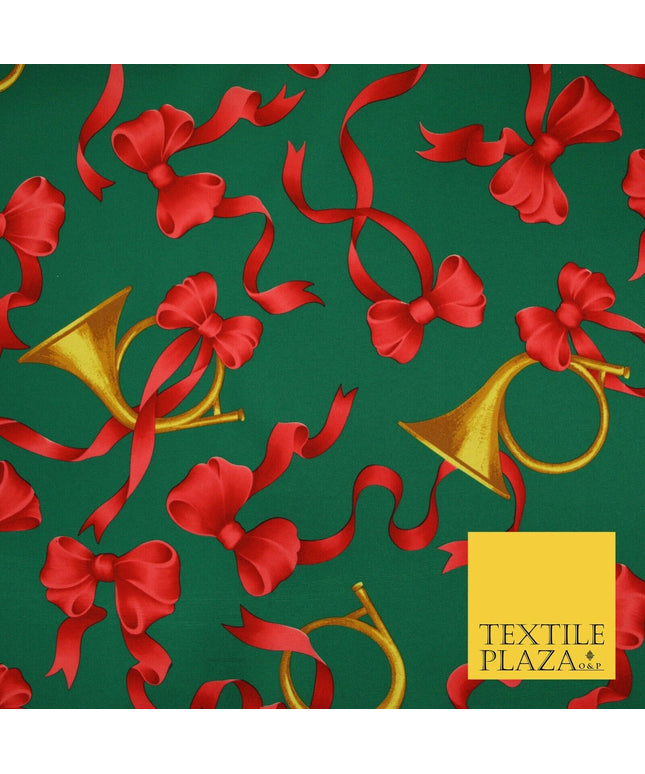 Christmas Festive Green Red Gold Bows Horn Bi-Stretch Fabric Tablecloth 58" 6385