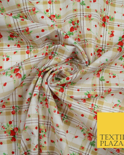 Strawberries Check Tartan Beige Printed Poly Cotton Fabric Polycotton Craft 6384