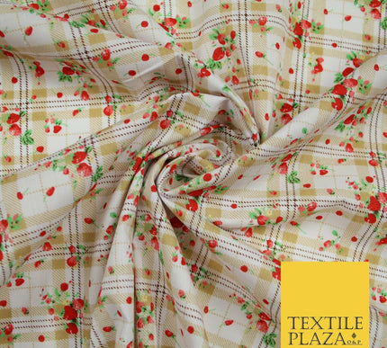 Strawberries Check Tartan Beige Printed Poly Cotton Fabric Polycotton Craft 6384