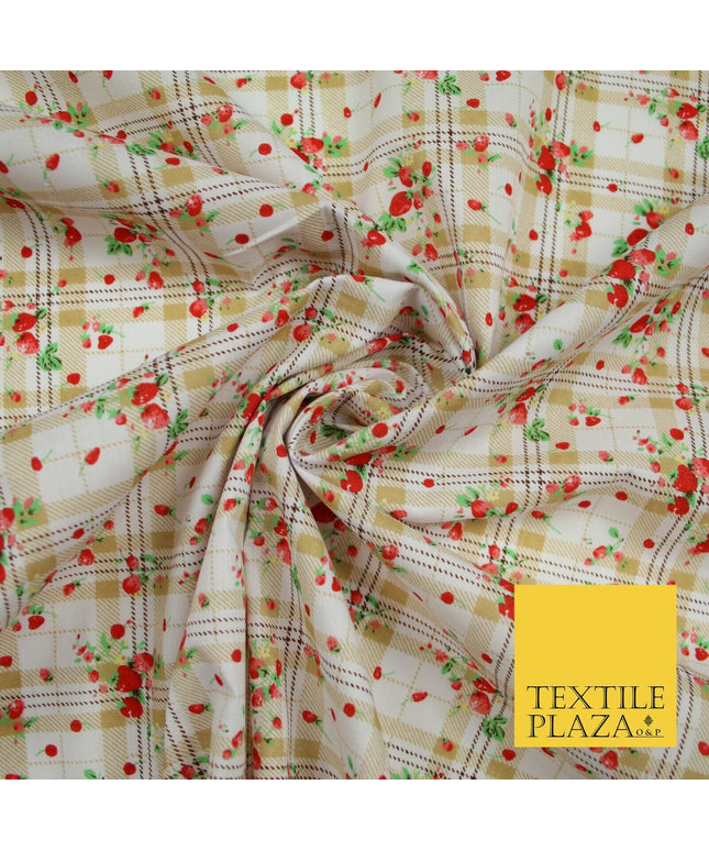 Strawberries Check Tartan Beige Printed Poly Cotton Fabric Polycotton Craft 6384
