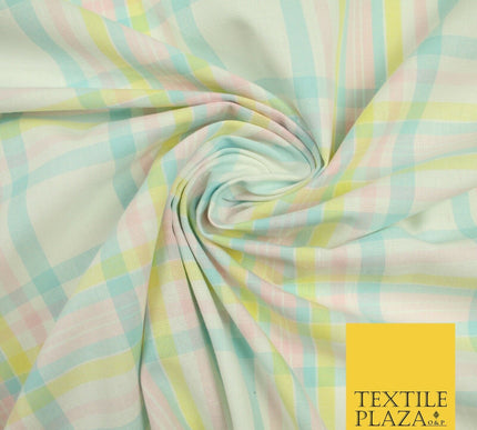 Pastel Blue Pink Lemon Check Tartan Plaid Printed Fabric 100% Cotton 6386