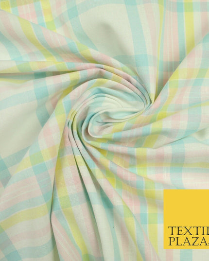 Pastel Blue Pink Lemon Check Tartan Plaid Printed Fabric 100% Cotton 6386