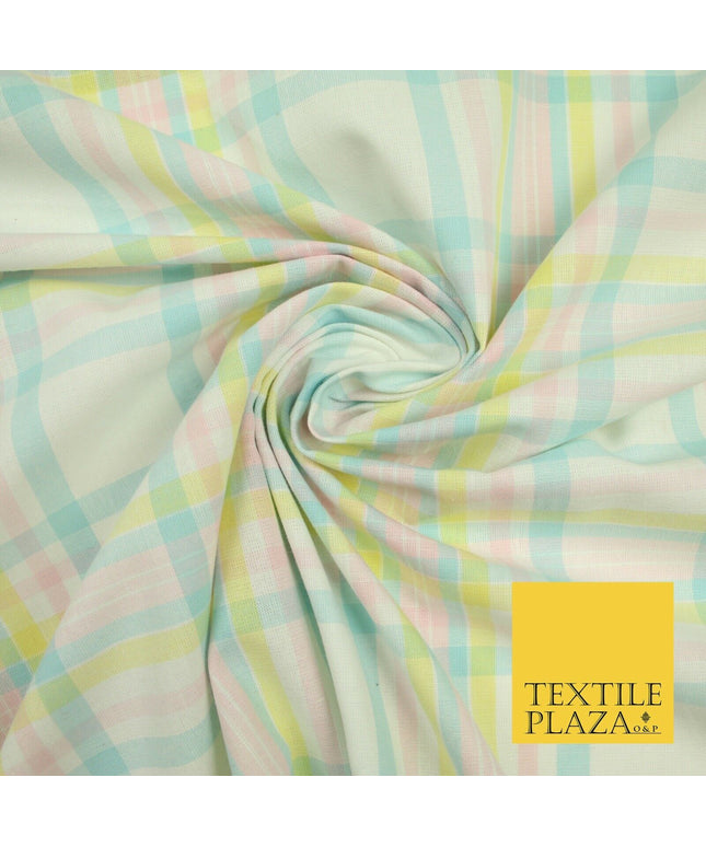 Pastel Blue Pink Lemon Check Tartan Plaid Printed Fabric 100% Cotton 6386