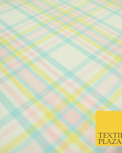 Pastel Blue Pink Lemon Check Tartan Plaid Printed Fabric 100% Cotton 6386
