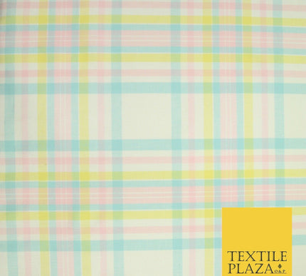 Pastel Blue Pink Lemon Check Tartan Plaid Printed Fabric 100% Cotton 6386
