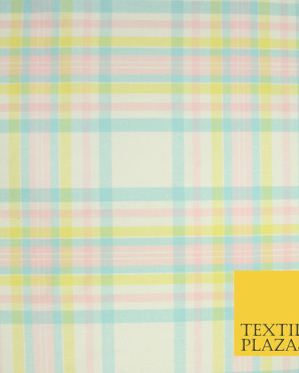 Pastel Blue Pink Lemon Check Tartan Plaid Printed Fabric 100% Cotton 6386