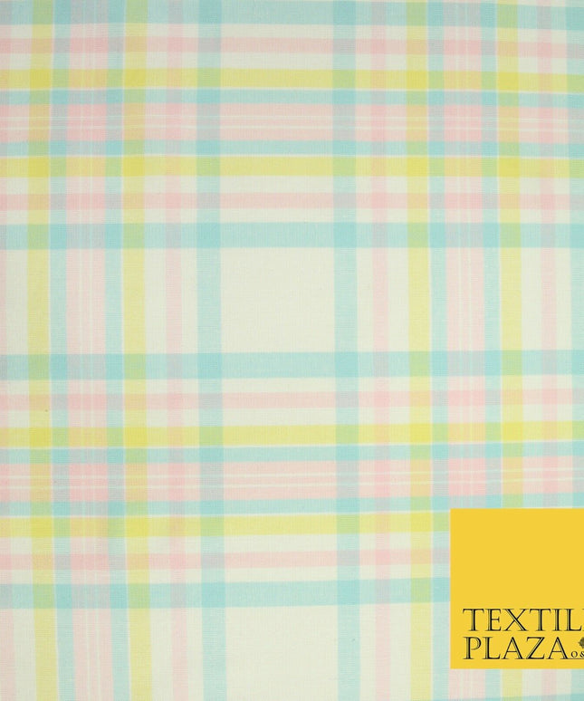 Pastel Blue Pink Lemon Check Tartan Plaid Printed Fabric 100% Cotton 6386