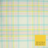 Pastel Blue Pink Lemon Check Tartan Plaid Printed Fabric 100% Cotton 6386