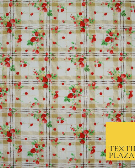 Strawberries Check Tartan Beige Printed Poly Cotton Fabric Polycotton Craft 6384