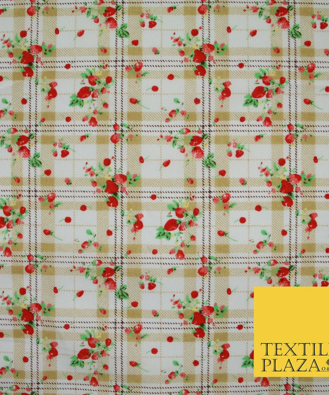 Strawberries Check Tartan Beige Printed Poly Cotton Fabric Polycotton Craft 6384