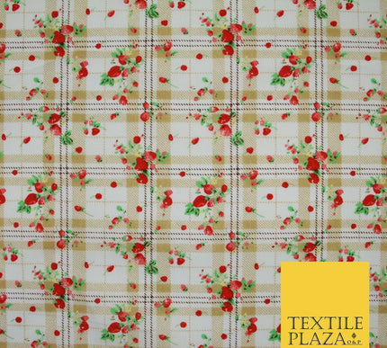 Strawberries Check Tartan Beige Printed Poly Cotton Fabric Polycotton Craft 6384