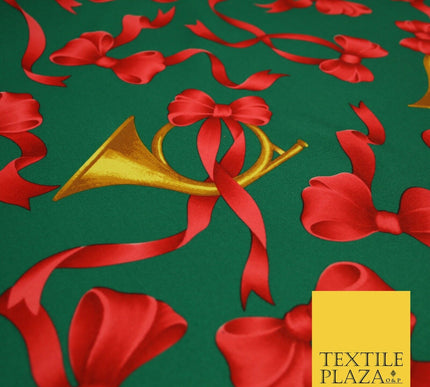 Christmas Festive Green Red Gold Bows Horn Bi-Stretch Fabric Tablecloth 58" 6385