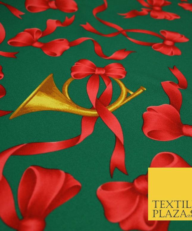 Christmas Festive Green Red Gold Bows Horn Bi-Stretch Fabric Tablecloth 58" 6385