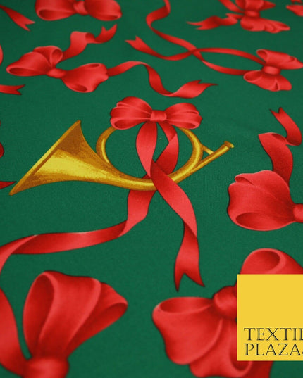 Christmas Festive Green Red Gold Bows Horn Bi-Stretch Fabric Tablecloth 58" 6385