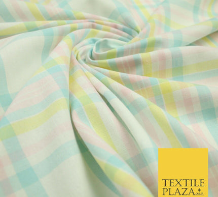 Pastel Blue Pink Lemon Check Tartan Plaid Printed Fabric 100% Cotton 6386