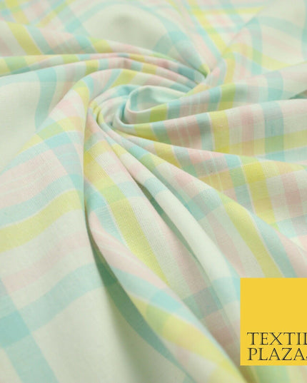 Pastel Blue Pink Lemon Check Tartan Plaid Printed Fabric 100% Cotton 6386