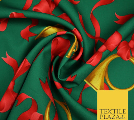 Christmas Festive Green Red Gold Bows Horn Bi-Stretch Fabric Tablecloth 58" 6385