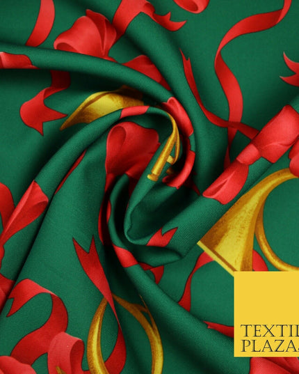 Christmas Festive Green Red Gold Bows Horn Bi-Stretch Fabric Tablecloth 58" 6385